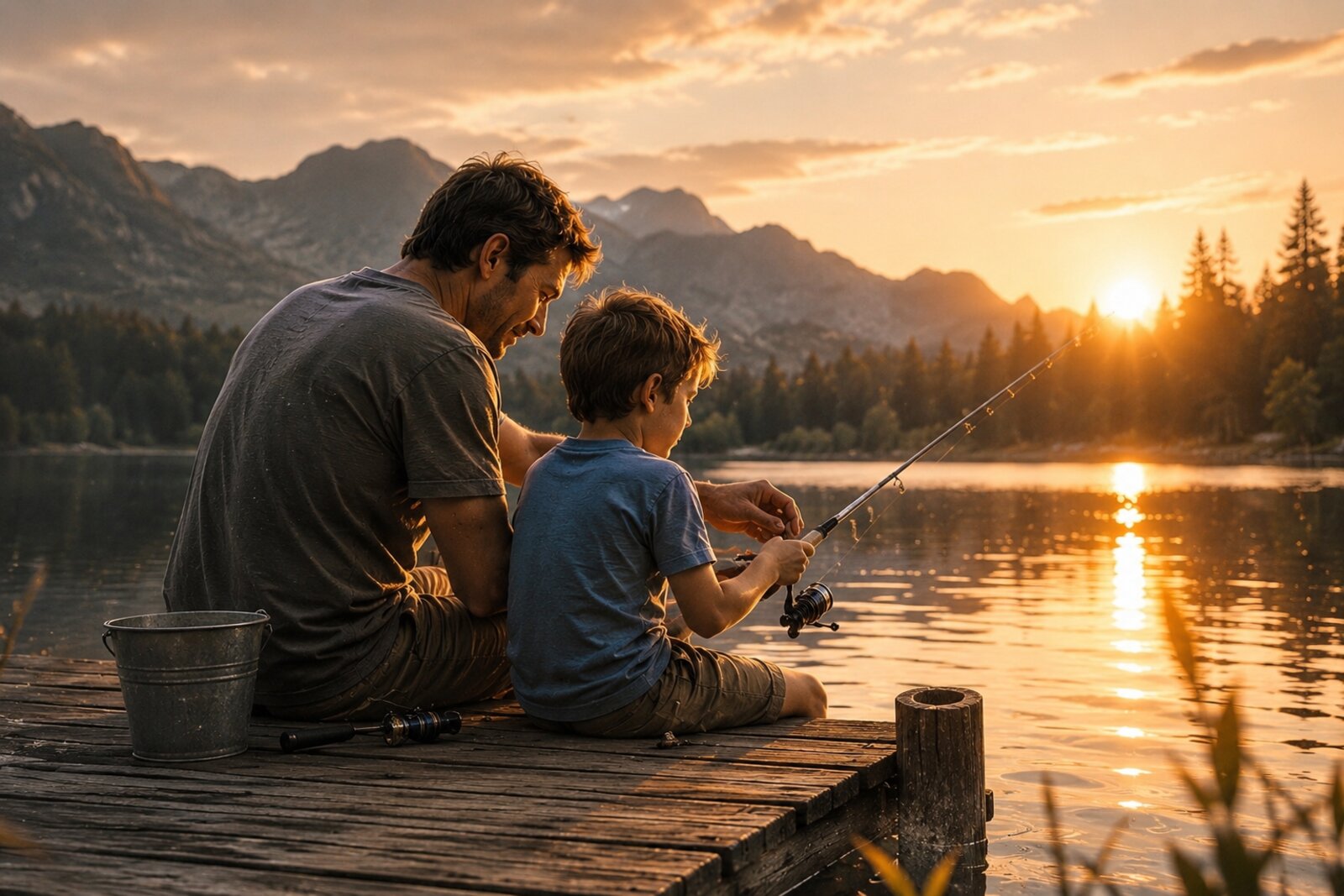 Un père et son fils pêchent au bout d'un ponton, dans la lumière dorée du soir.
