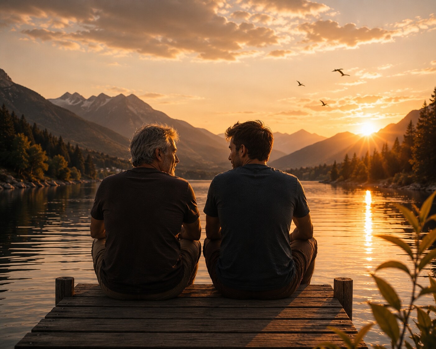 Un père et son fils, assis côte à côte sur un ponton, de dos, face au lac au coucher du soleil.