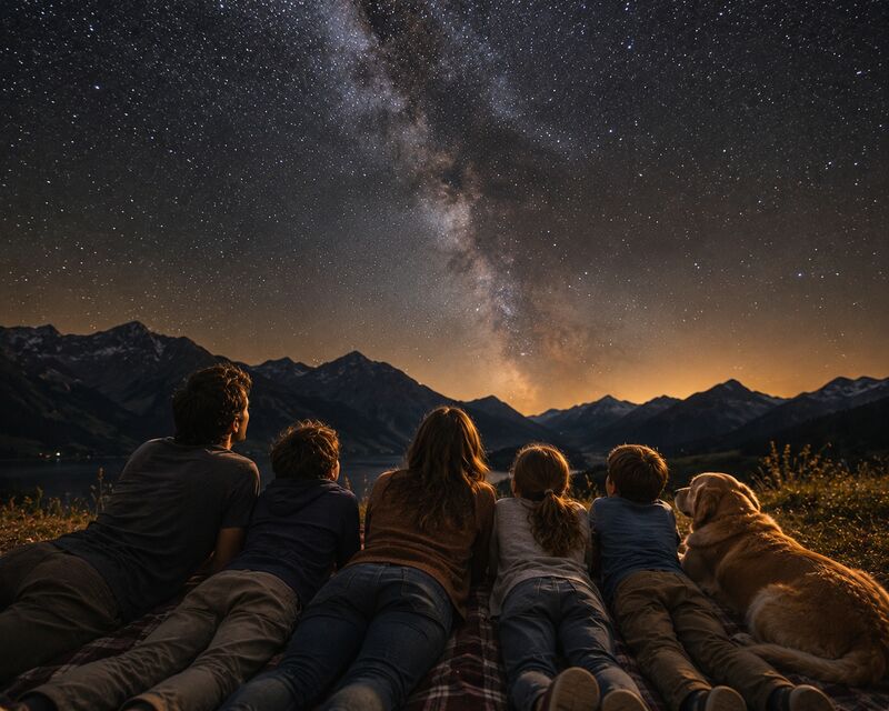 Une famille allongée dans l'herbe la nuit, un chien couché contre eux, sous la Voie lactée.